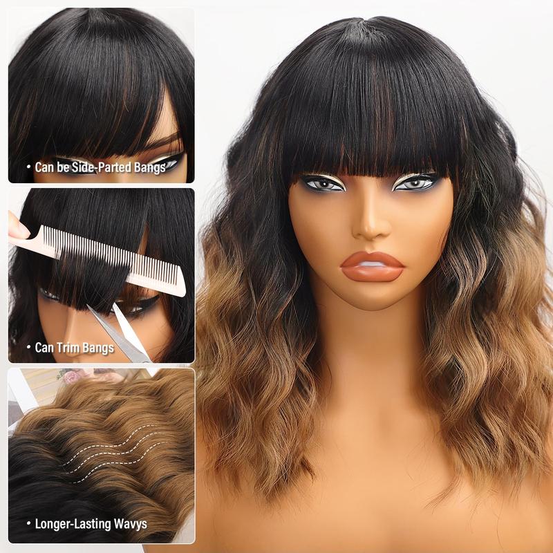 [ AISI HAIR ] Short Wavy Wig with Bangs for Women Shoulder Length Bob Curly Women's Charming Synthetic Wigs with Natural Wavy Black To Brown Heat Resistant Hair for Daily Party Use