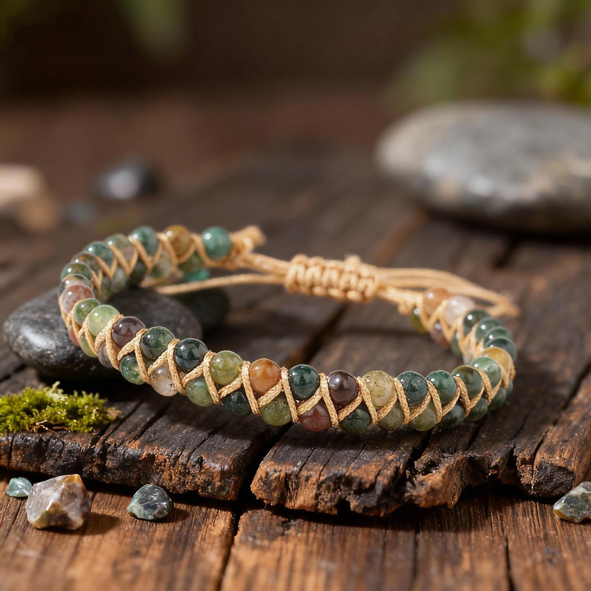 Bohemian Stone Bracelet Crystal Natural Indian Agate Braided Bracelet - Adjustable Macrame Healing Jewelry for Women & Men
