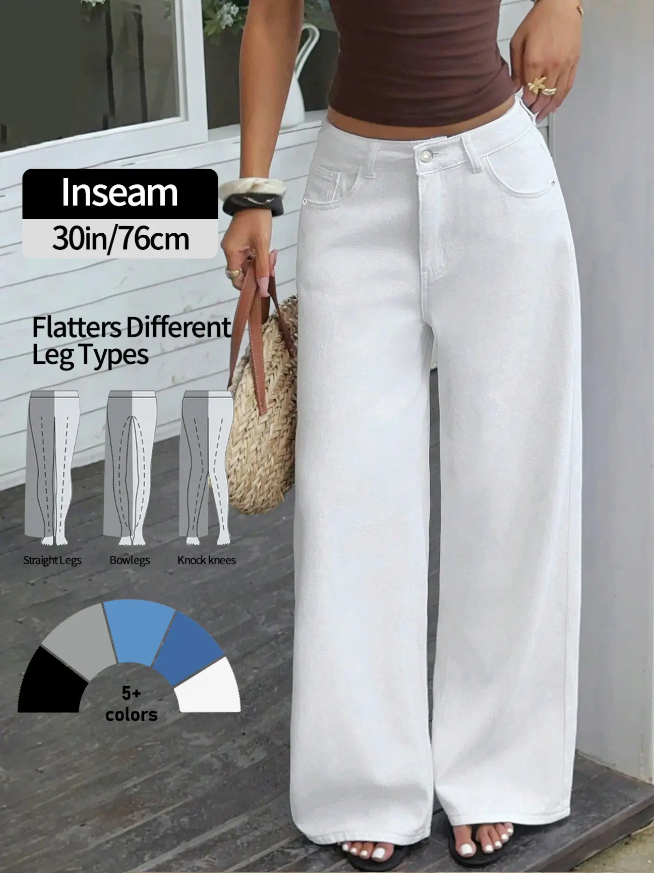Women's Loose Fit Wide Leg Jeans, Plain Mid-Waist H-Type Slimming Casual Long Pants, Water- Washed Denim, All Seasons