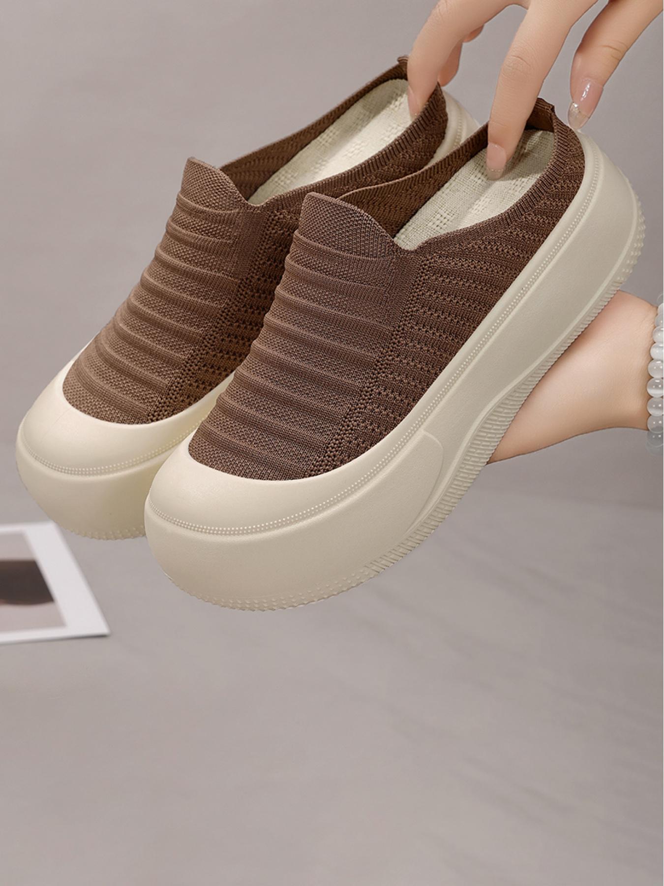 YYW1 Women's Slip-On Casual Trainers, Breathable Flyknit Textile Shoes, Thick Sole, Lightweight PVC Plain Shoes for Daily Commute, Indoor-Outdoor Wear