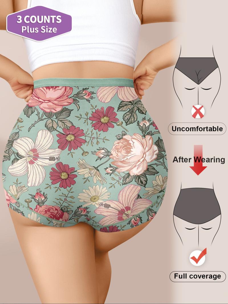 【Plus Size】 All Over Print Brief, Casual Comfy Breathable Panties, Casual Breathable Knicker for Daily Wear, Women's Underwear for All Seasons