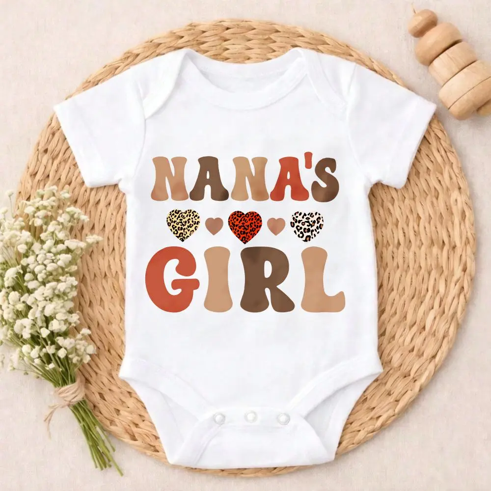 Nana's Girl With Hearts And Leopard Print Baby Bodysuit Casual Short SleeveRomper Crew Neck Outfit for Baby Boys & Girls  baby girls clothes Breathable baby clothes boy Comfort Baby Clothes for Outdoor Daily Wear