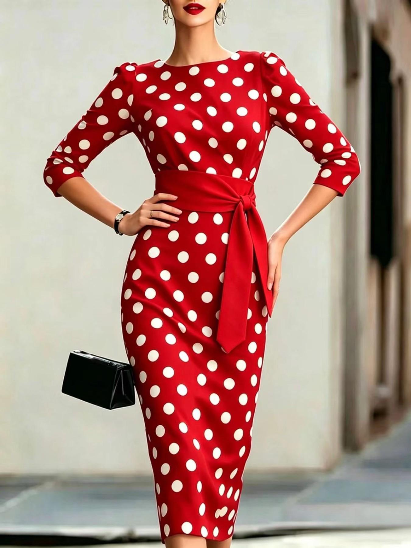 Women's Summer New Fashion Elegant Chic Polka Dot Bodycon Dress with Waist Belt, Stylish and Comfortable, Perfect for Daily Wear