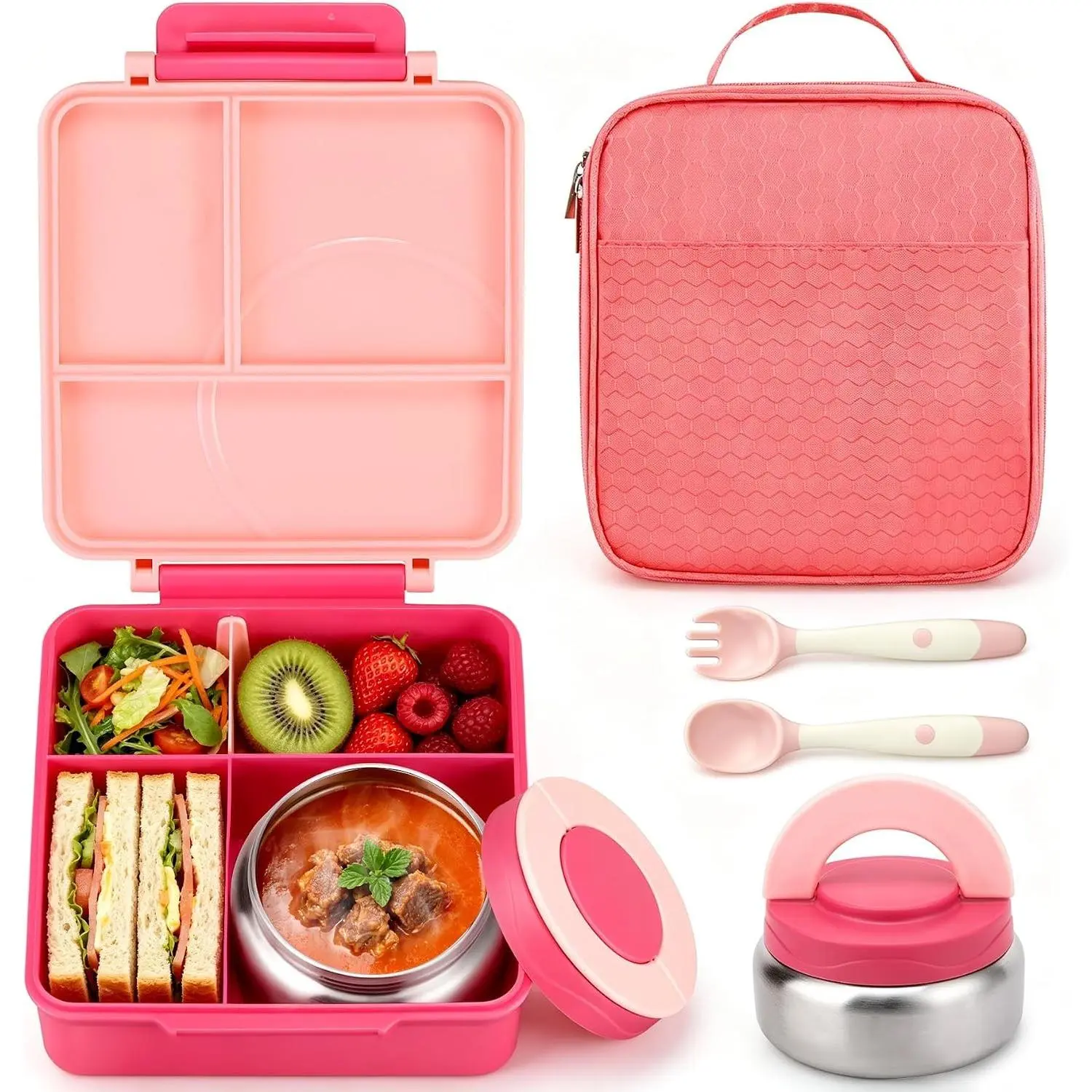 Bento Lunch Box for Girls with 8oz Soup Thermo & Lunch Bag, Leak-Proof Lunch Food Containers with 4 Compartment, Hot Food Insulated Food Jar for Kids School (Pink)