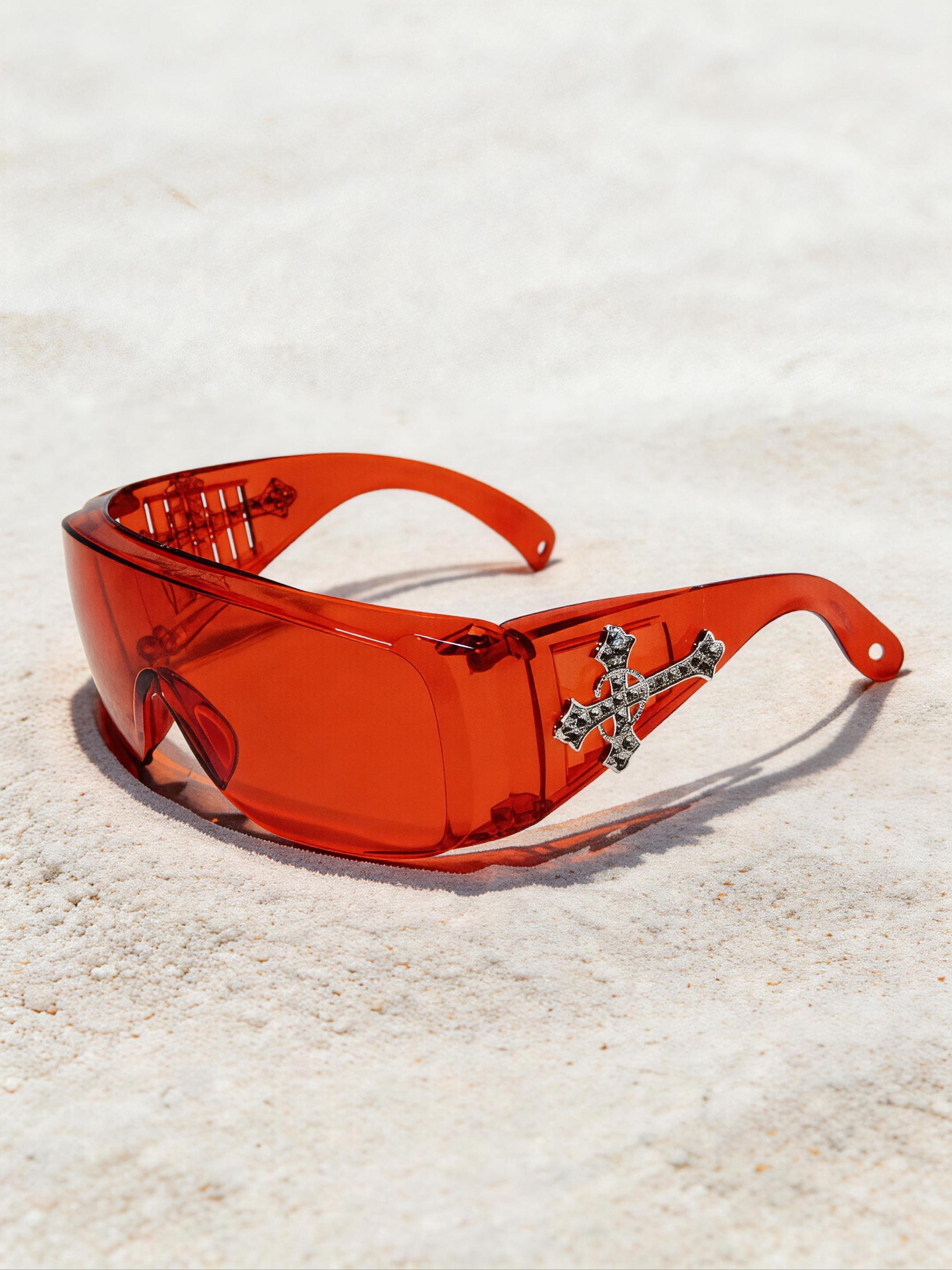 Men's Fashion Glasses with Rhinestone Cross Decoration, PC Lenses, UV Protection, Cat Eye Frame, Party Style, Includes Strap and Cloth, Trendy Sunglasses, Stylish Sunglasses, Fashionable Sunglasses