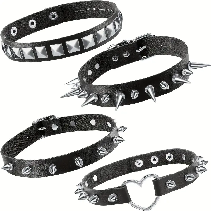 4pcs Gothic Faux Leather Spike Heart-Charm Chokers - Goth Punk Necklaces, Goth Accessories, Alternative Accessories, Short Spiky Studded Festival Wear Jewelry for Men