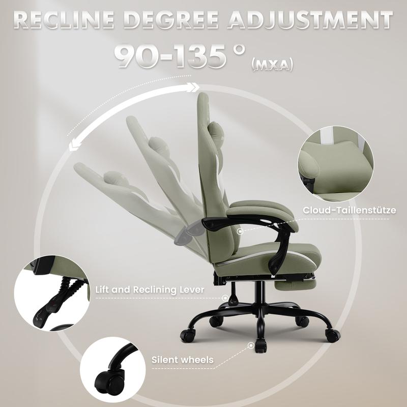 【Buy 1 get 4】Ergonomic Office Chair Pocket Spring Seat & Memory Foam Pillow, Gaming Chair with Pocket Spring Cushion, 360° Swivel, Adjustable Height, Reclining 90°-160°, Extendable Footrest