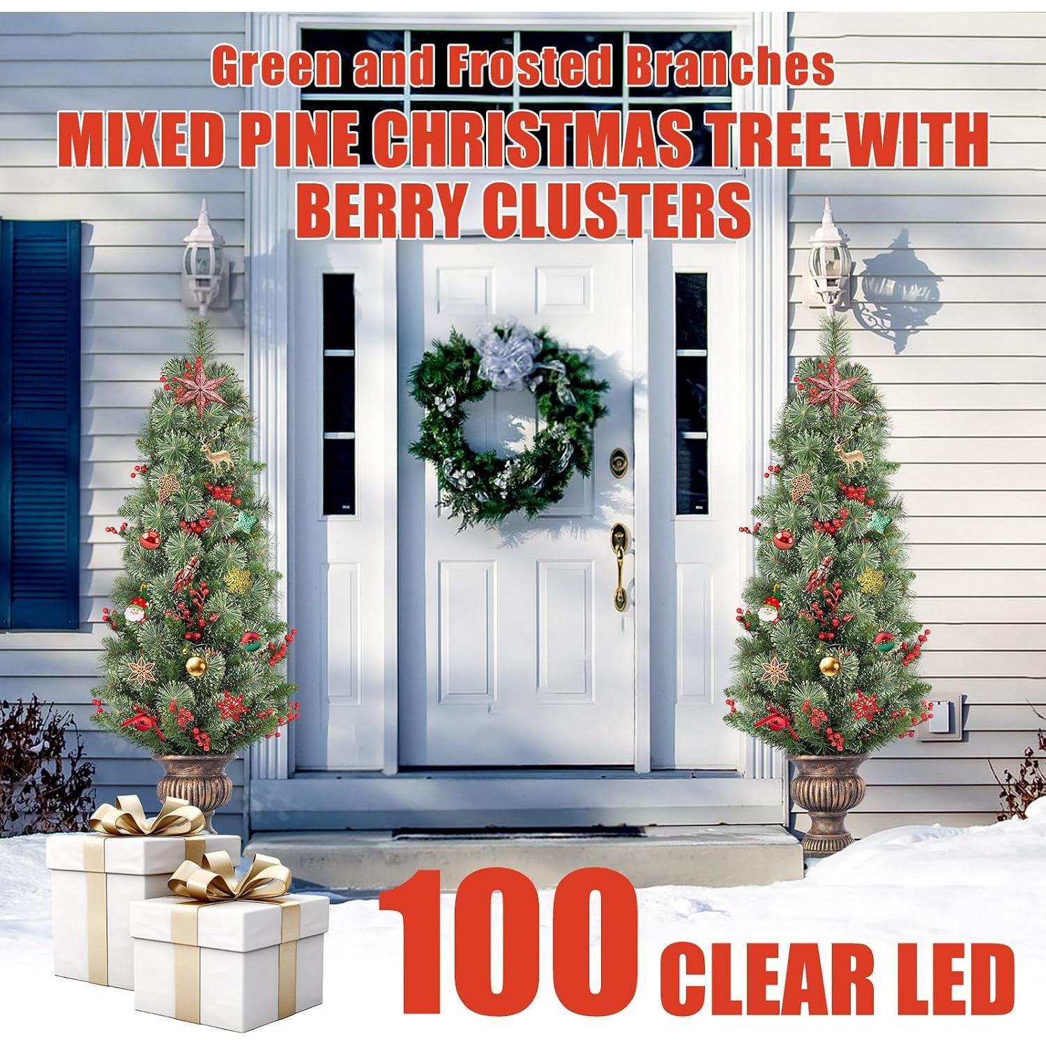 4FT   Pre Lit Christmas Tree | Potted  Pine Tree with 100 LED Lights, Timer, Red Berries and Planter for Front Porch Indoor Outdoor Holiday Decor