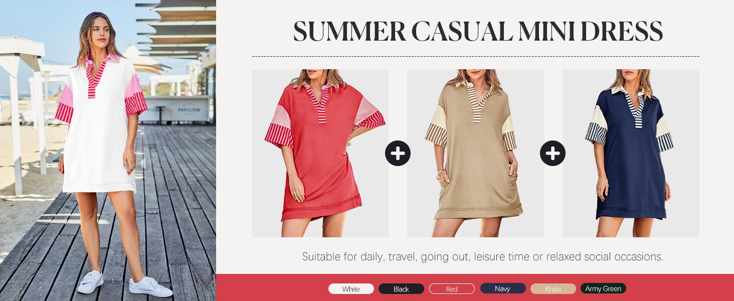Wenrine Women's Polo V Neck T Shirt Dress Casual Summer Oversized Color Block Short Sleeve Sweatshirt Mini Dresses
