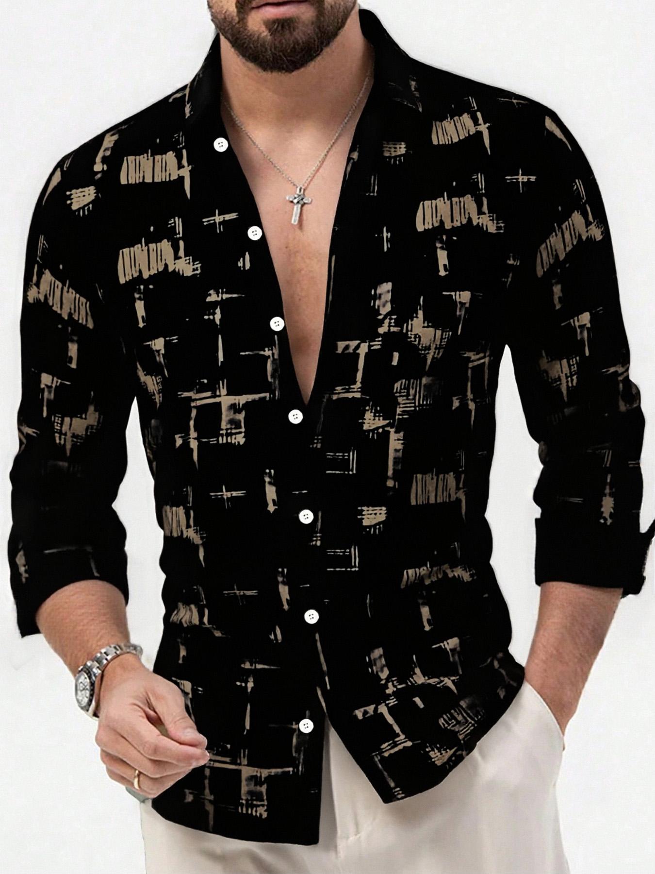 Men's All Over Print Button Front Shirt, Casual Regular Fit Long Sleeve Collared Top for Daily Wear, Fashion Men's Clothes for All Seasons