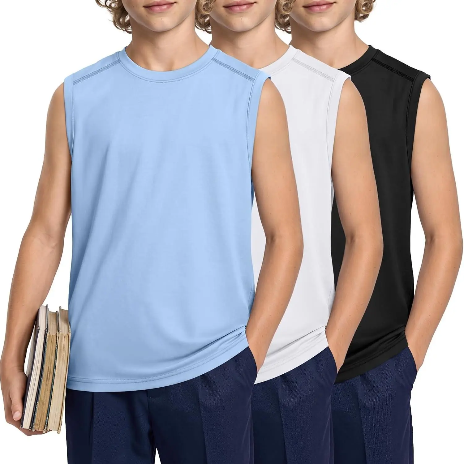 3 Pack Boys' Sleeveless Crew Neck Solid Tank Tops - Athletic Undershirts, Loose Fit Basics for 5-14 Years Kids, Casual Wear for Soccer, Football, Jeans, Joggers, Back to School Family Clothing