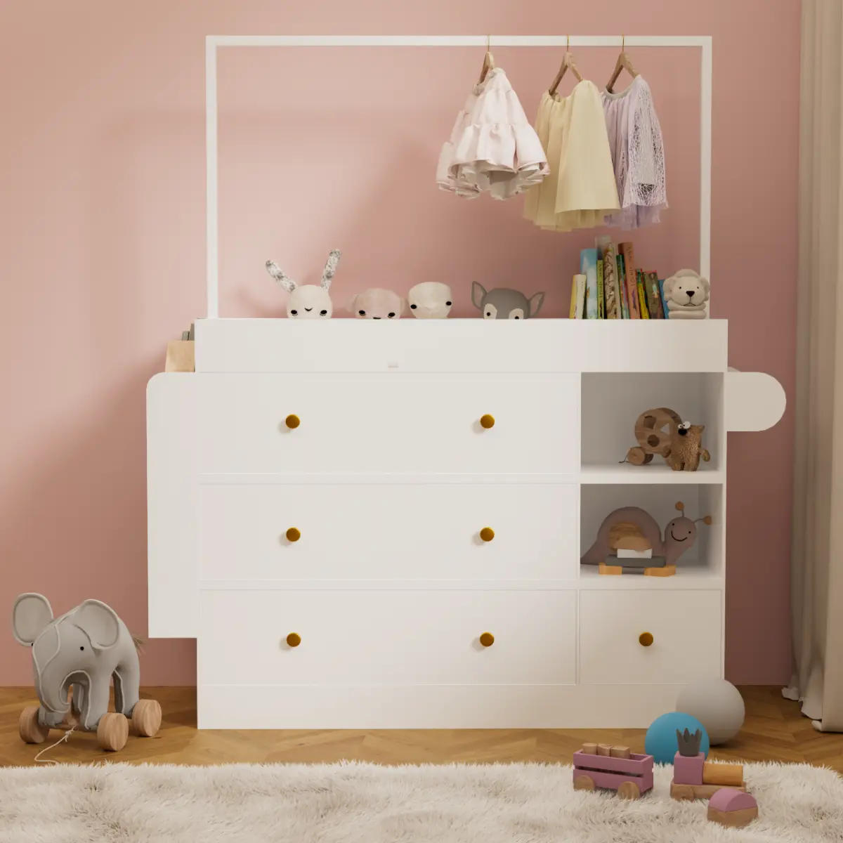 Aobtkel Baby Changing Table Dresser, 43.3" White Diaper Changing Station with 4 Storage Drawers, Open Shelves & Hanging Rack, Multifunctional Nursery Dresser with Removable Top, Baby Clothes Organizer for Bedroom