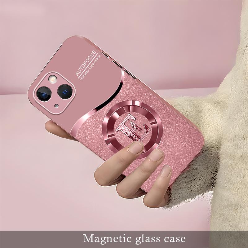 Personalized Initial Letter Rhinestone Magnetic Case for iPhone 13, Luxury Glitter Glass Cover with Lanyard Wrist Strap  ----975