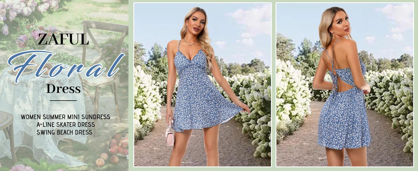 ZAFUL Women's Dresses, Ditsy Floral Cami Mini Dress, Swing Skater Beach  Dress,Summer Dresses, Casual Comfortable Dresses,Holiday Beach Summer Women's Clothing,summer outfits 2024 Womenswear Sleeveless prom dress summer outfits