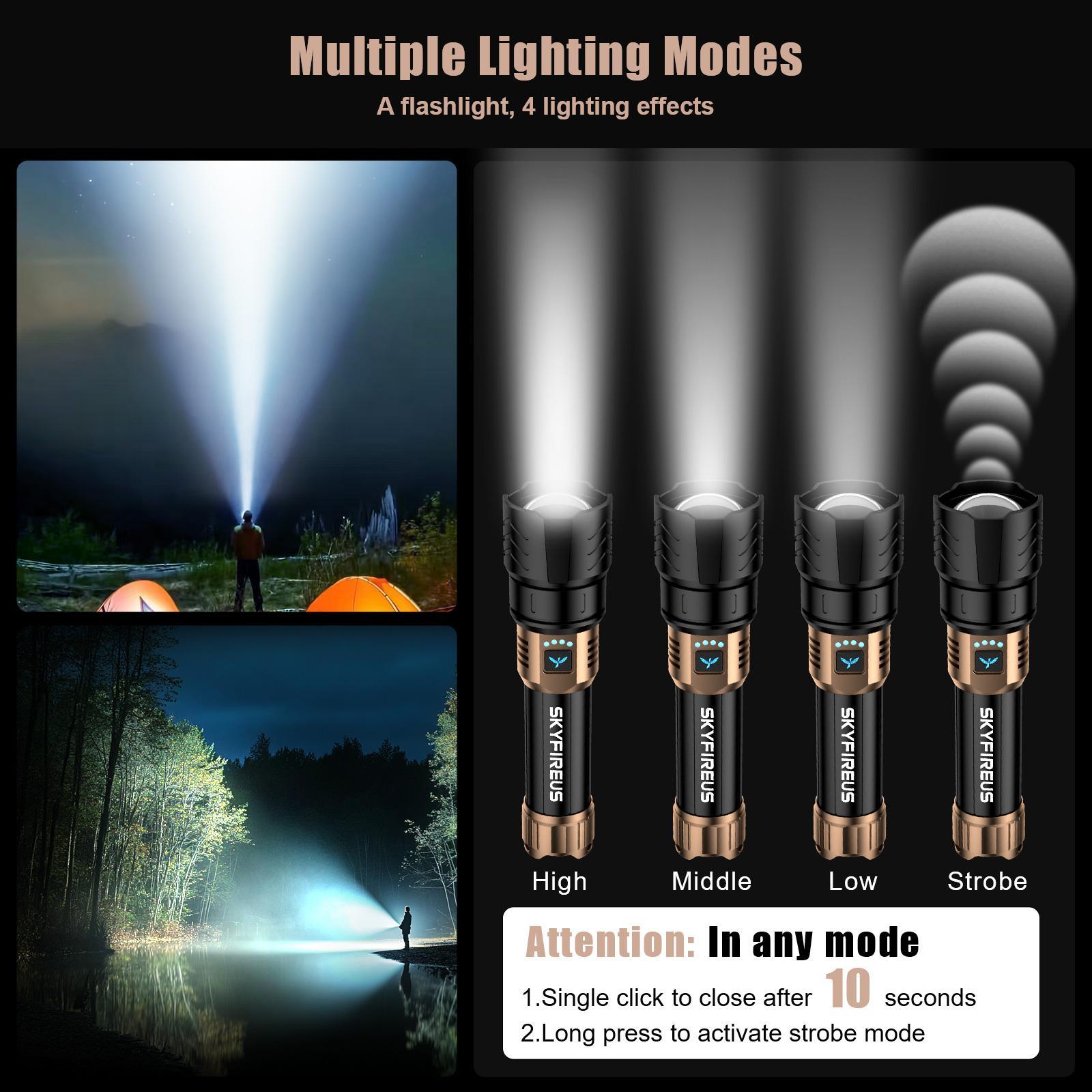 SKYFIRE Model 1097 LED Flashlight – Super Bright, Rechargeable Torch with Zoom & Ignition Lens, 4 Modes, Waterproof Tactical Light for Camping, Outdoors & Emergencies SKYFIRE Model 1097 LED Flashlight – Super Bright, Rechargeable Torch with Zoom & Ignition Lens, 4 Modes, Waterproof Tactical Light for Camping, Outdoors & Emergencies