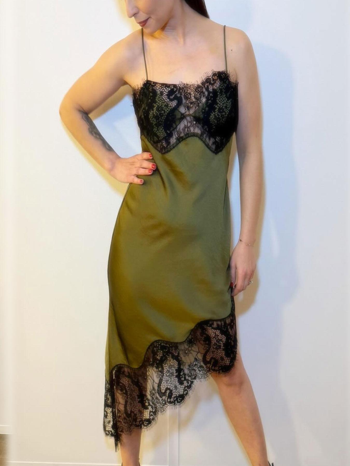 Women's Asymmetric Lace Satin Midi Dress, Chocolate Olive Thin Straps, Lace Trim and Silk Aesthetic, Spring Summer Fashion