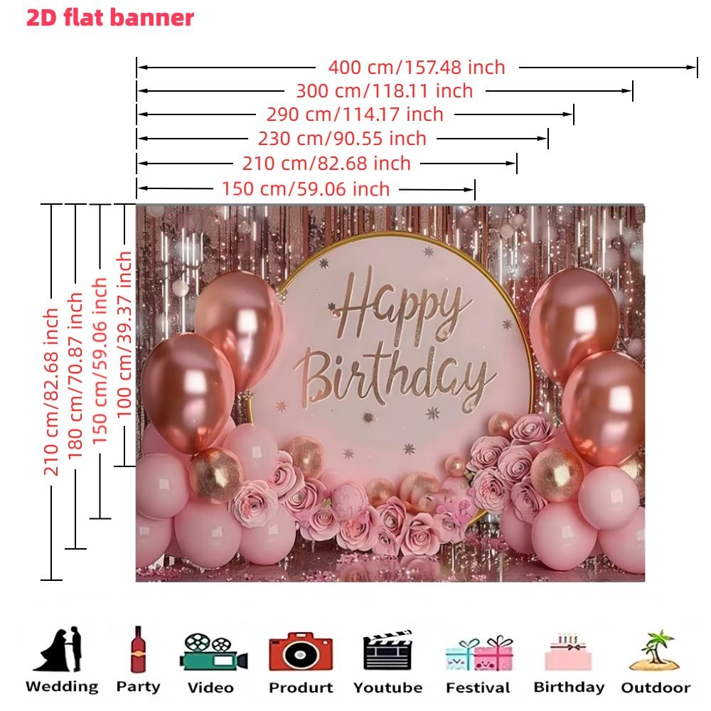 Pink birthday party backdrop banner with pink balloons and gift box elements. Made of polyester,suitable for living rooms, bedrooms, offices, birthdays, anniversaries, home décor, outdoor and indoor parties, photography backdrops, birthday party supplies