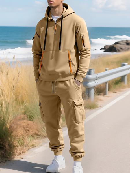 Men's Fall & Winter Hooded Casual Tracksuit Set: featuring a zip-front hooded design, cargo pants with multiple pockets, and warm long-sleeve jacket paired with pants. Ideal for cold weather wear.