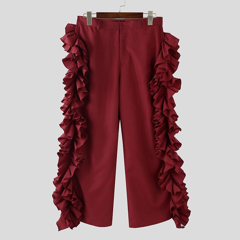 INCERUN Mens High Waist Zipper Ruffles Holiday Party Casual Loose Bottoms Wide Leg Trousers Long Pants