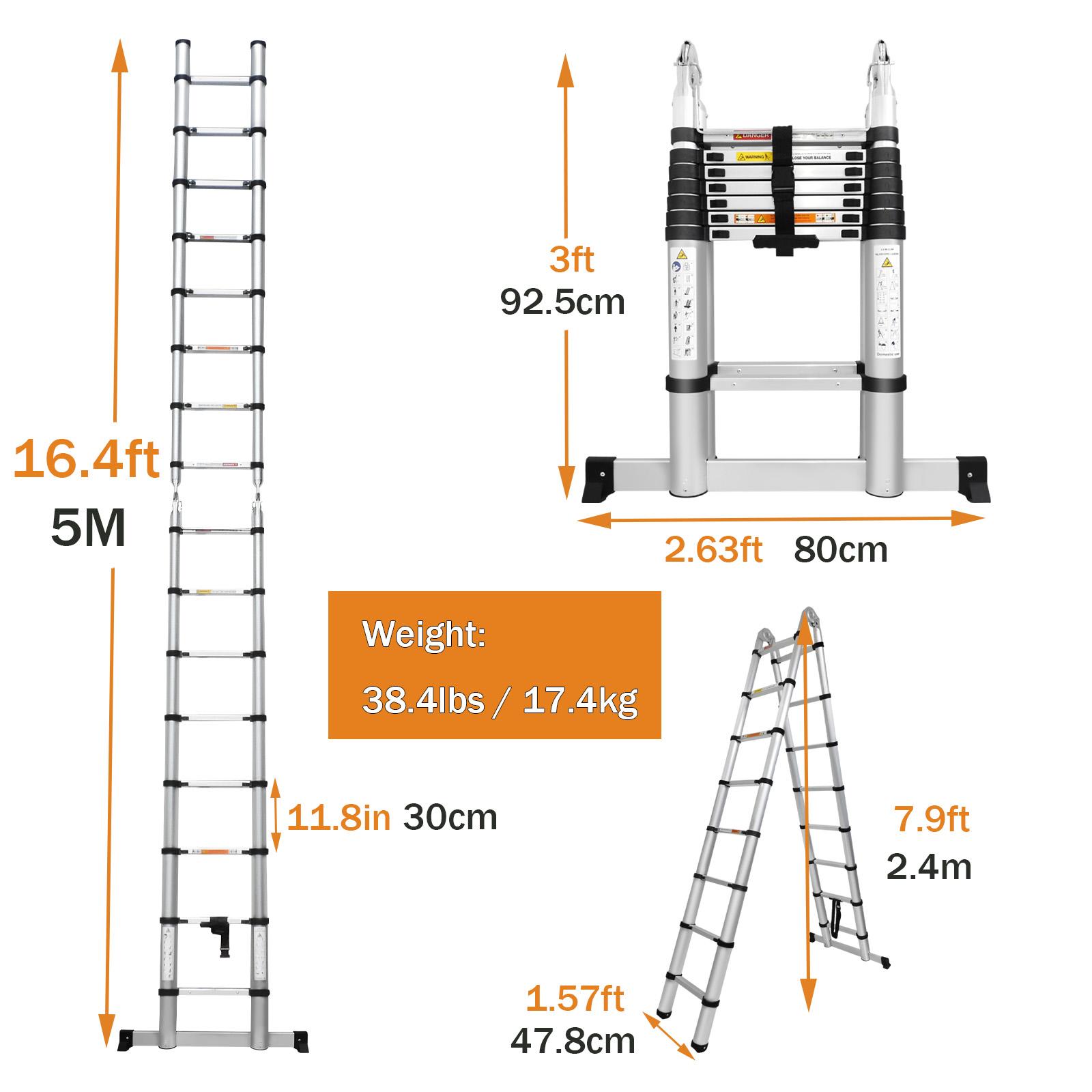 Telescoping Ladder Aluminum A-frame Extension Ladder, Folding Ladder with Stabilizer Bar and Anti-Slip Feet, 330lbs Max Load Capacity, for Home, Office ( 6.2+6.2FT / 8.2+8.2FT )