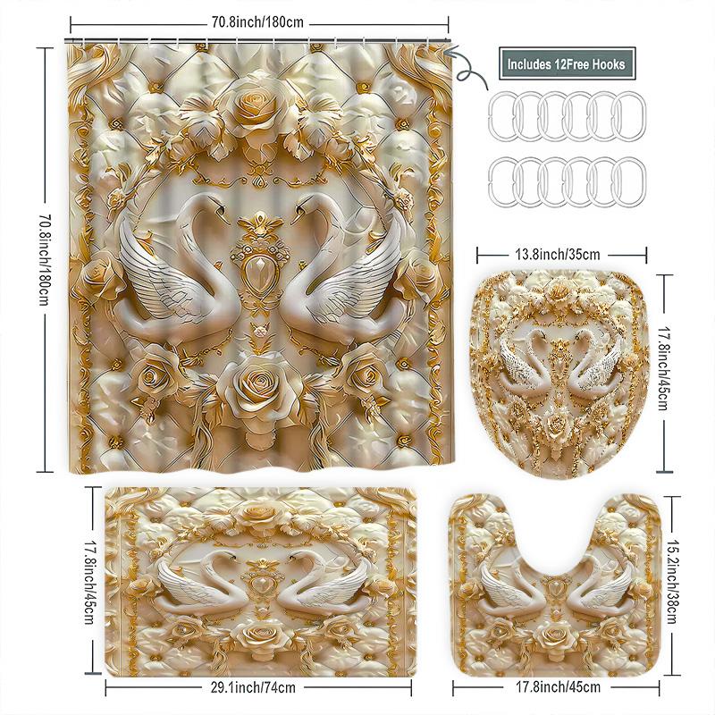 Luxury Bathroom Set, Swan Rose Gold Suite, French Palace Elegance, Bath Curtain Set, Home Bathroom Decor, Includes Mats, Best Gift, Shower, Hook