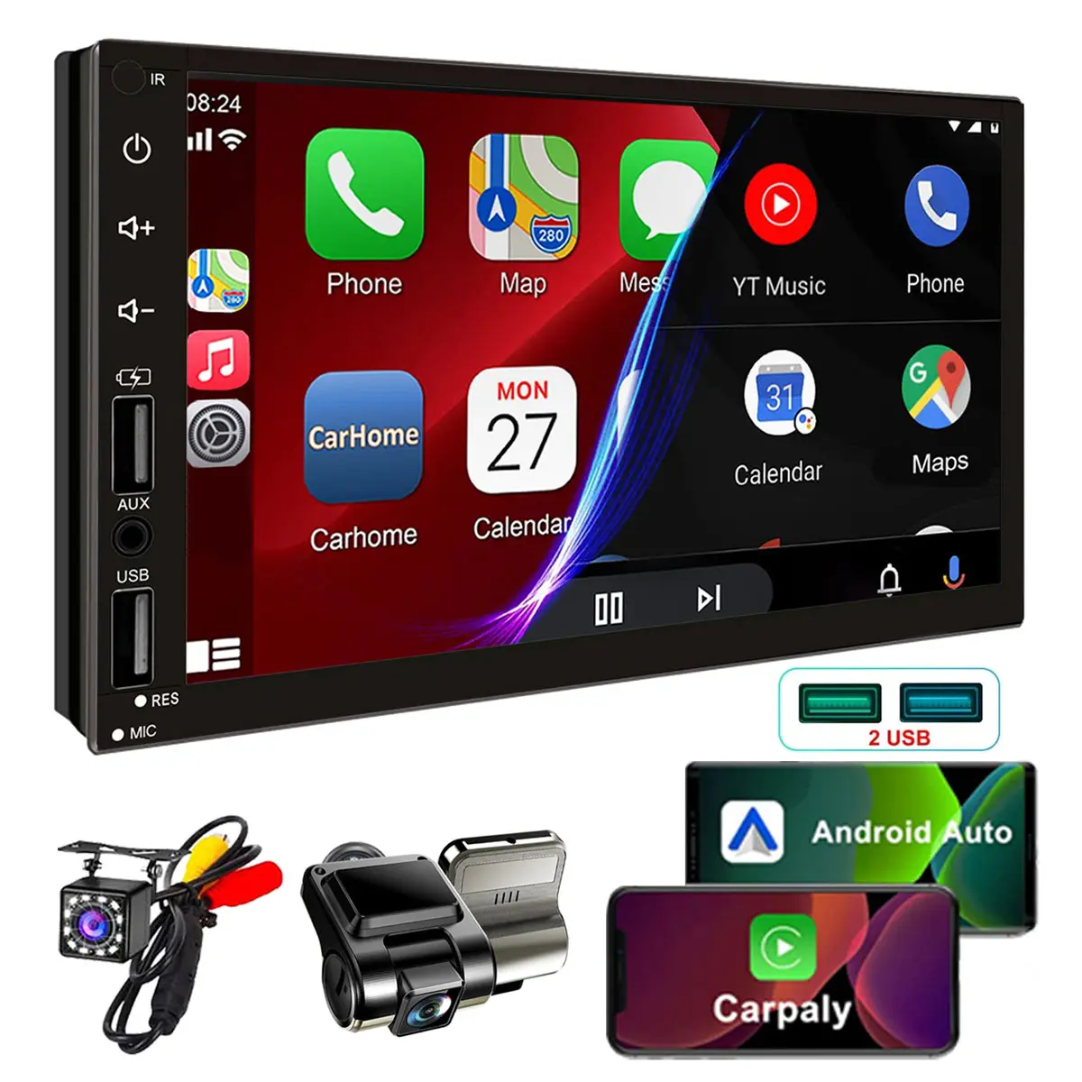 7 Inch Full HD Touchscreen Car Radio Double Din Car Stereo Support Carplay Android Auto, with Dash Cam and Rear View Camera Voice Control 2 USB/AUX Input