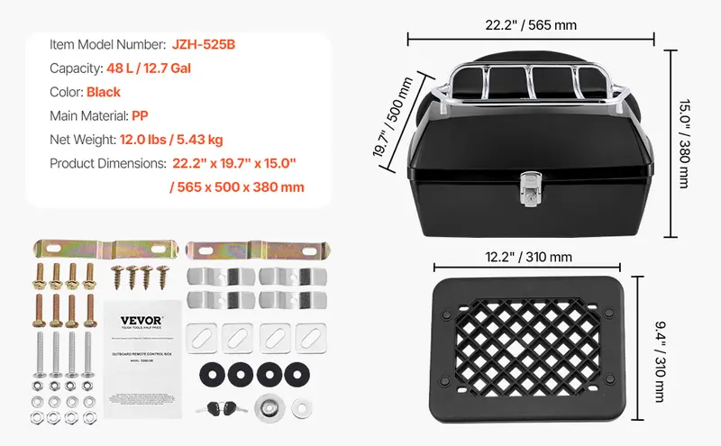 VEVOR 48L PP Plastic Motorcycle Trunk, Universal Durable Motorbike Top Case with Reflective Panel, Waterproof Detachable Multi-Hole Base, Lumbar Support Back Cushion, Extra Storage Space, Easy Loading, Fits 99% of Frames for Daily Travels