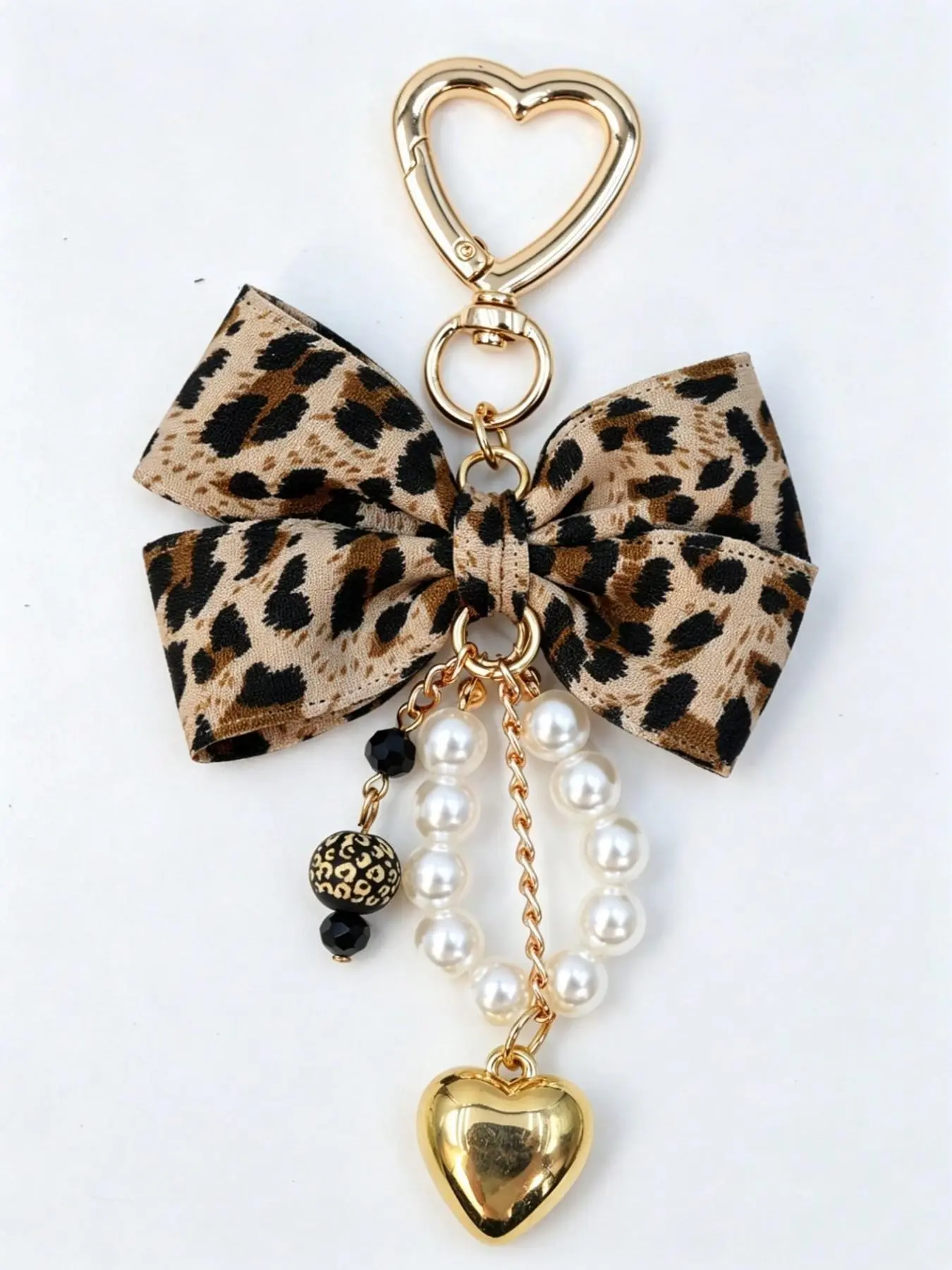 1 pc Leopard Print Bow Keychain Heart Pendant Women's Bag Simple Charm Pearl Keychain Beaded Charm Gift For Women Key Chain Charms