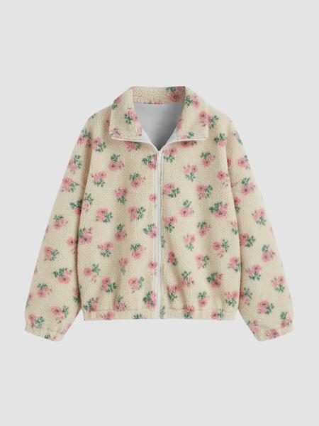 Women's Floral High Neck Zipper Jacket, Casual Fleece Lined Coat, Long Sleeve Button Front Outerwear, Fall & Winter Fashion
