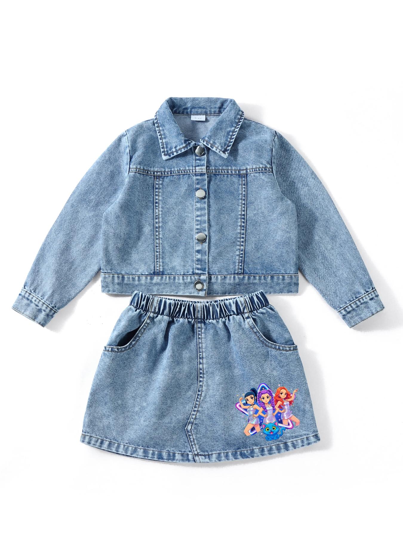 Back-To-School Sweet Cool Girl, K-Pop Girl Group Jeans Set, Y2K Retro Cartoon Print, Cute and Comfortable, Tiktok Trendy Ootd