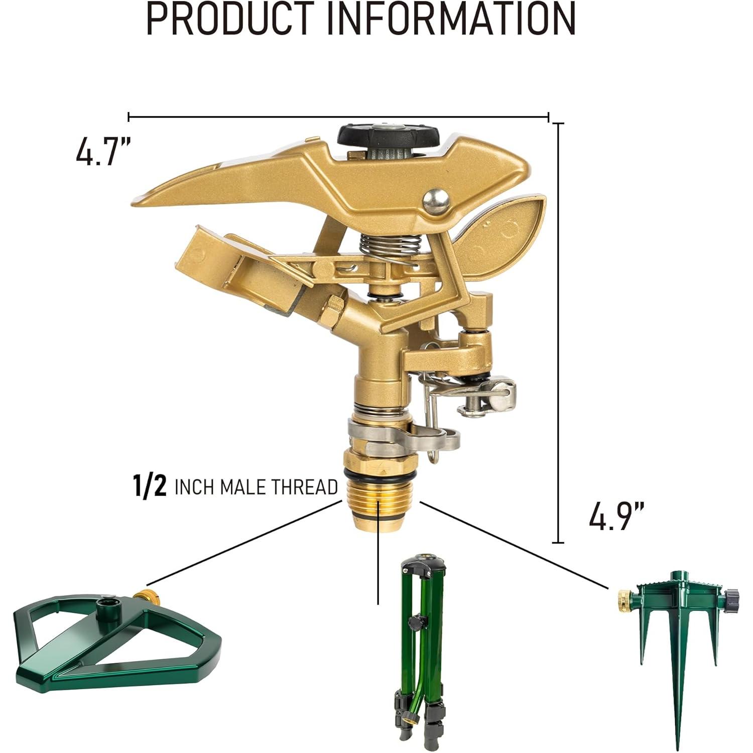 1/2 Inch Zinc  Sprinkler, Heavy Duty Lawn Sprinkler  with Nozzles, Adjustable 0-360  Impulse Watering Sprinklers for Large Coverage Garden Grass Yard Irrigation