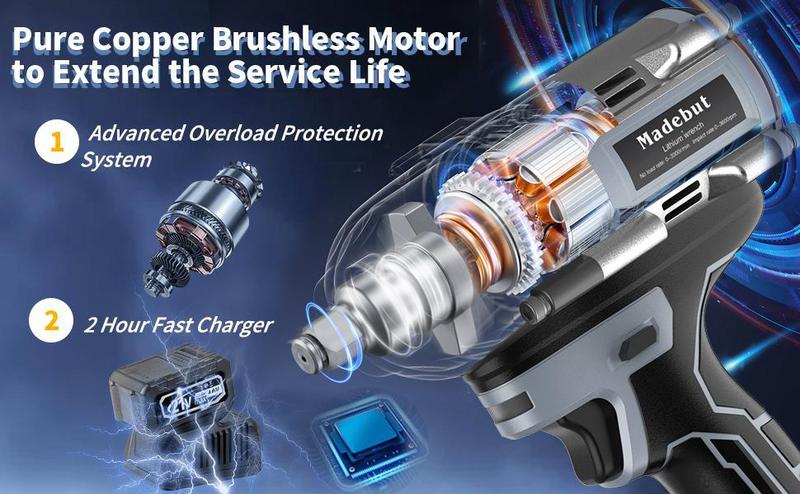 1000N.m Cordless Impact Wrench, Cordless Impact with 2 * 4.0Mah, 3-IN-1 Electric Impact Wrench with 5 Sleeves, High Torque 1/2 Impact Wrench