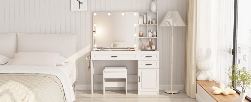 Vabches Vanity Desk Large Vanity Table With Glass Top And Lots Storage