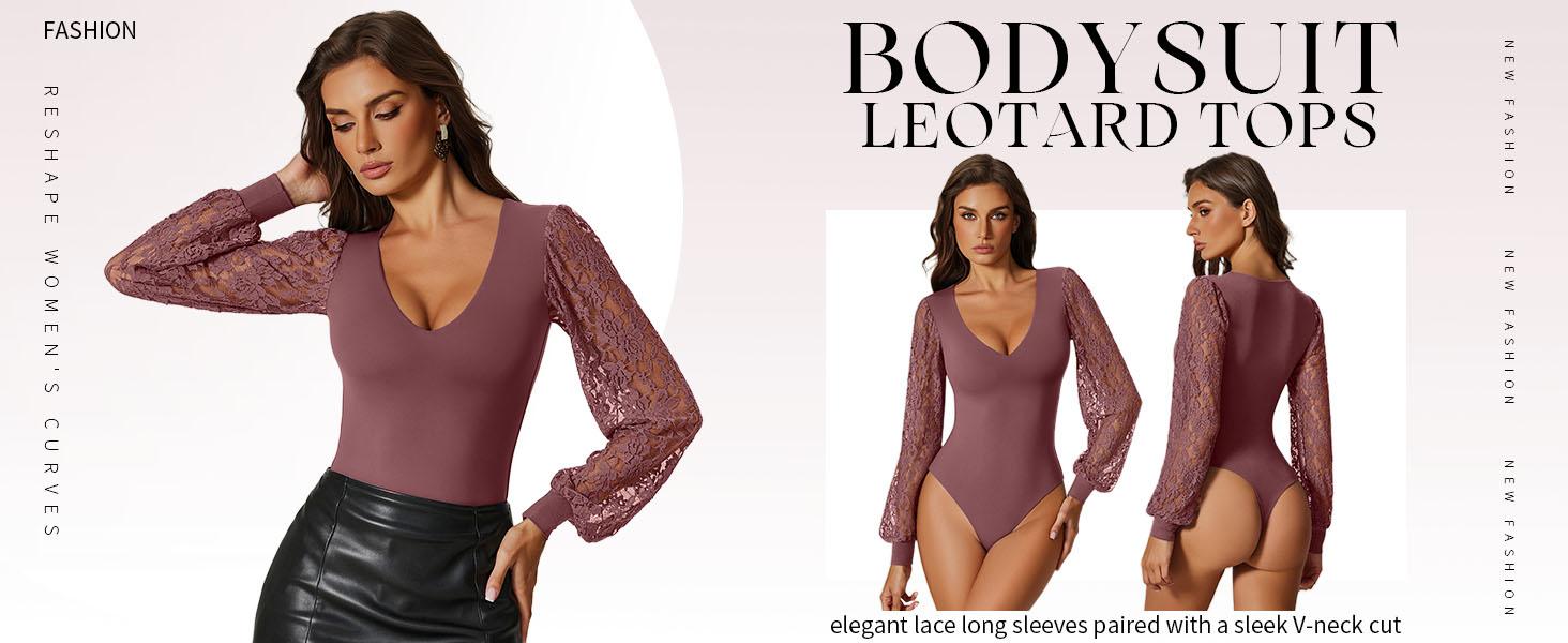 Avidlove Womens Long Sleeve Bodysuit Double Lined V Neck Lace Puff Sleeves Going Out Top Shirts Thong Leotard Body Suit