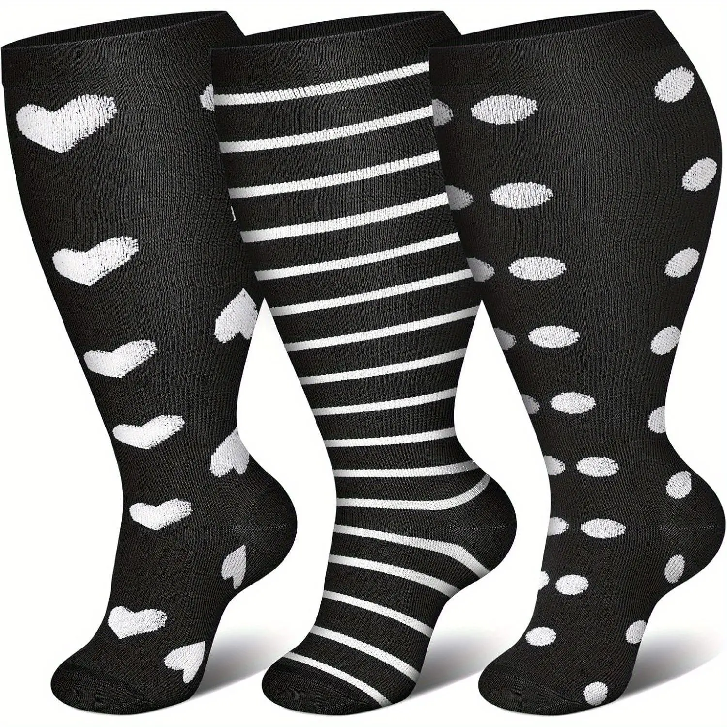 3 Pairs Extra Wide Calf Compression Socks, Breathable Lightweight Moisture Wicking Knee High Sport Fit Socks, Novelty Socks for Running, All Season Daily Wear.