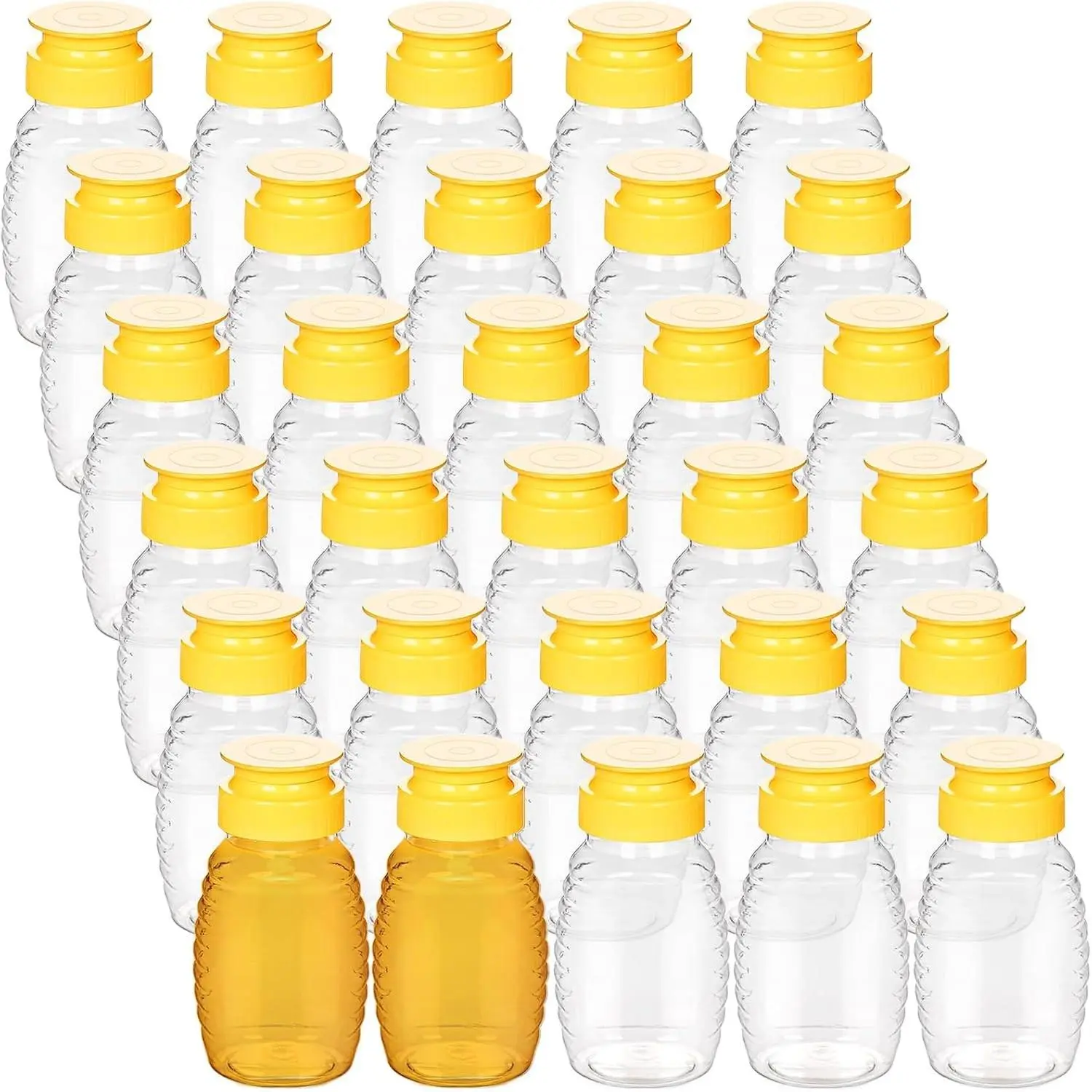 30PCS 3.38oz Plastic Honey Bottles, Bulk Honey Jars Honey Dispenser Containers with Yellow Flip Top Lid Squeeze Bottles for Honey Storing and Dispensing