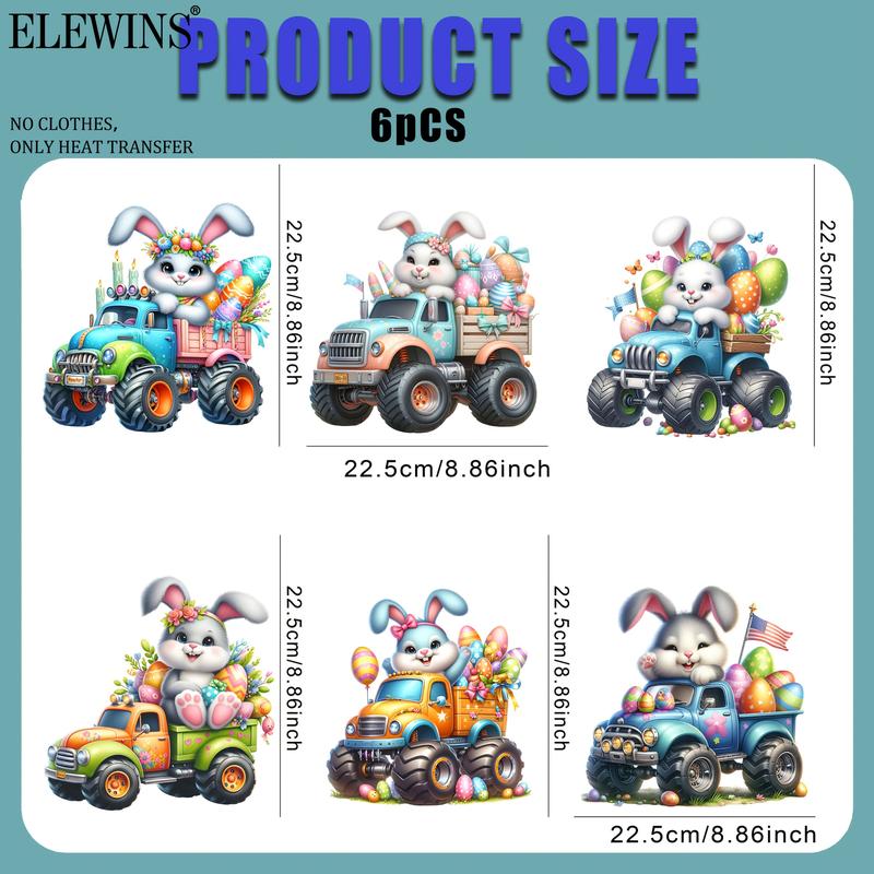 Cute Easter Bunny Riding Monster Truck Iron-On Transfer Stickers, DTF Heat Transfer Vinyl, Unisex Washable DIY Plastic Transfers