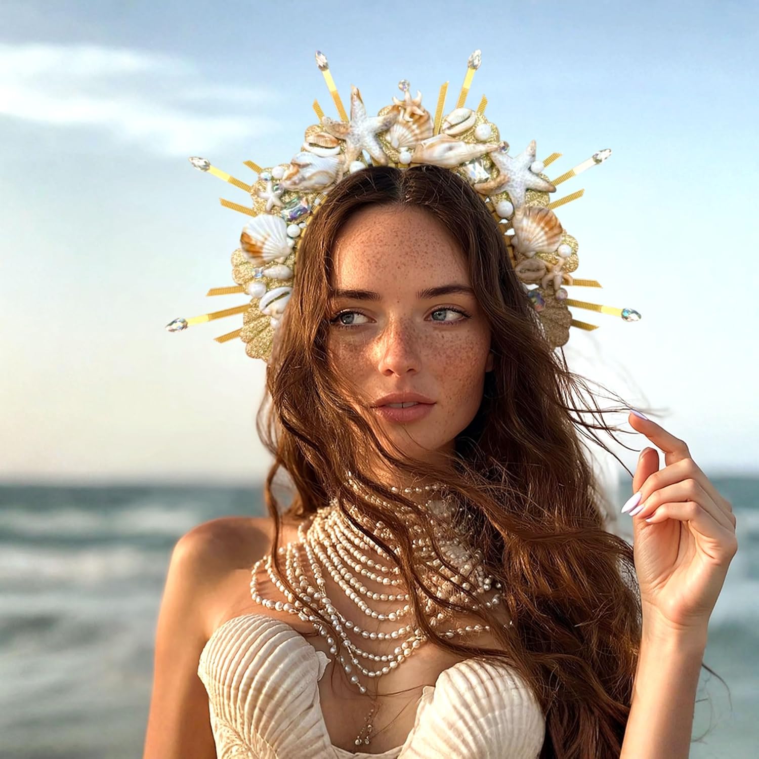 Women's Gold Mermaid Seashell Crown Headband, Halo Headpiece for Cosplay, Renaissance Festival Party Accessories