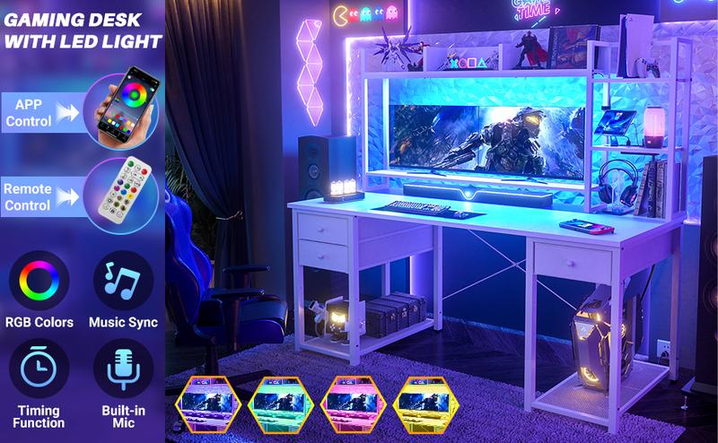 Gaming Desk with Hutch, 47.2'' and 55.2'' Computer Desk with Drawers, Reversible Office Desk with Storage Bookshelf Large Workstation Desk with Shelf