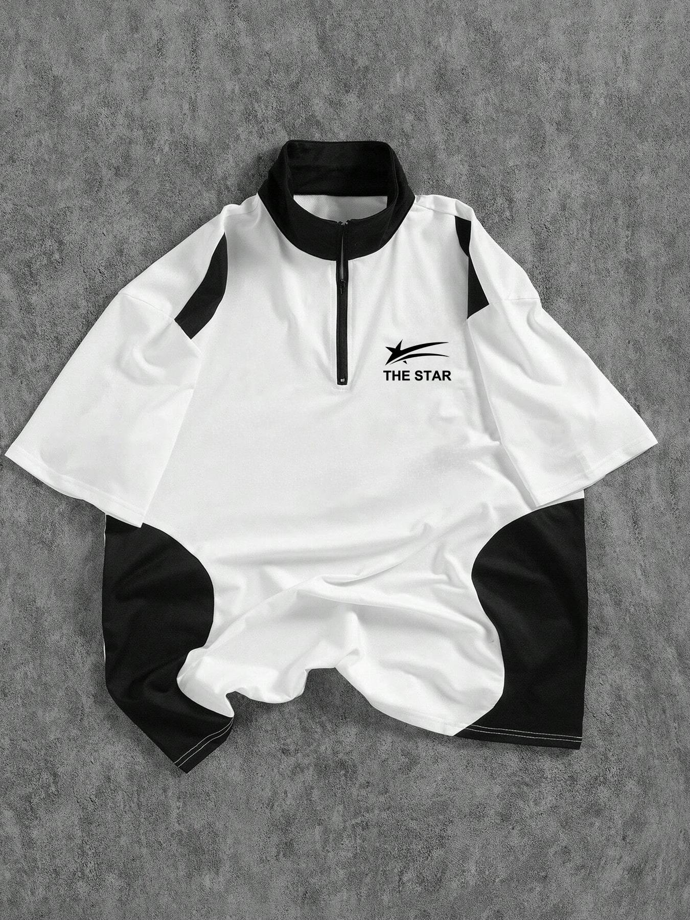 Men's Patchwork Half-Zip Polo Shirt, Racing Style Trendy Design, Perfect for Daily Wear or Unique