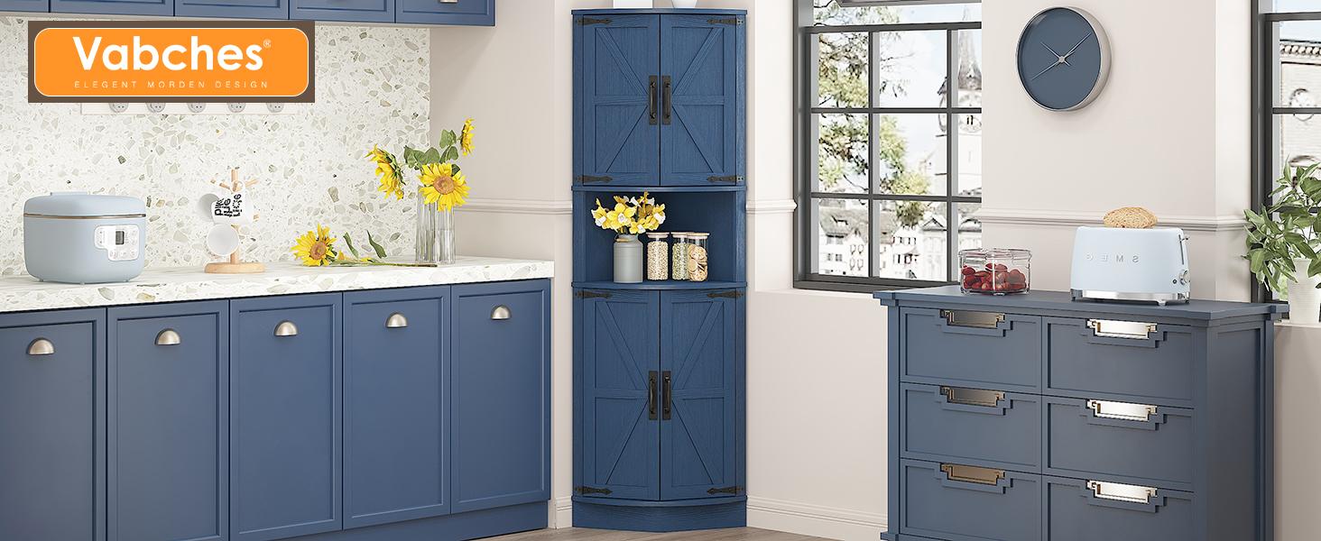 Vabches 64.8" Tall Farmhouse Corner Cabinet with 4 Doors & 5 Storage Shelves Rustic Barn Door Design Home Space Saver for Living Room Kitchen Laundry Room