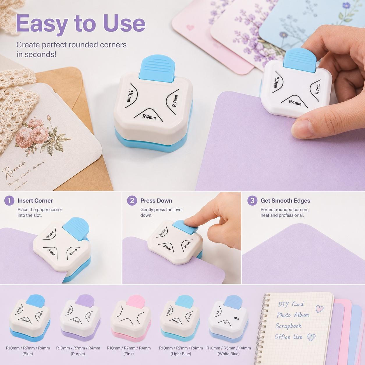 Portable Versatile 3-in-1 Corner Rounder Punch R4/R7/R10mm Paper Trimmer Cutter craft cutting tool for Card Making Scrapbook DIY Craft Projects