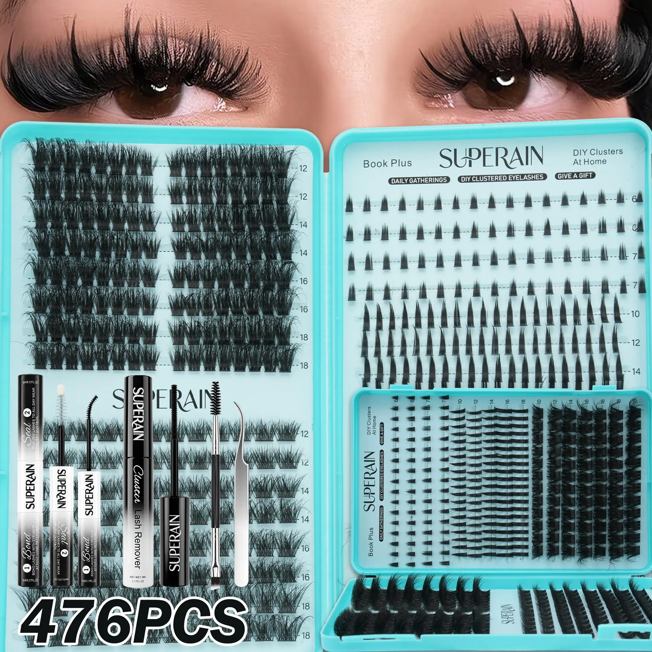 476 PCS European-Style False Lashes Set, Dense Upper Lashes for Volume, Fine Short Lower Lashes for Eye Shape, Includes Glue & Tweezers