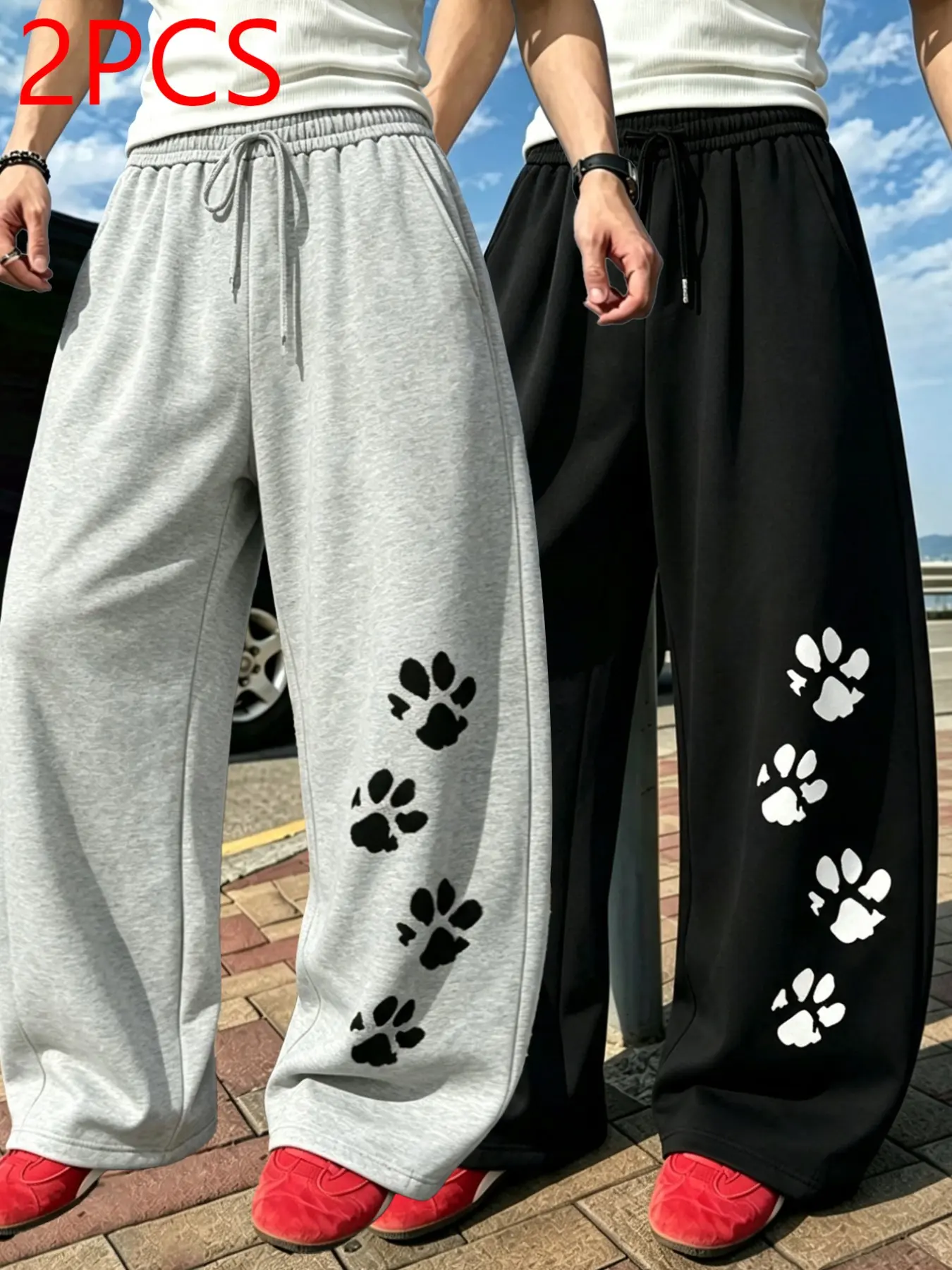 Men's Elastic High-Waisted Loose Fit Wide Leg Pants, Single Side Vertical Claw Print, Pocket Details, Casual Sports Long Pants Oversized