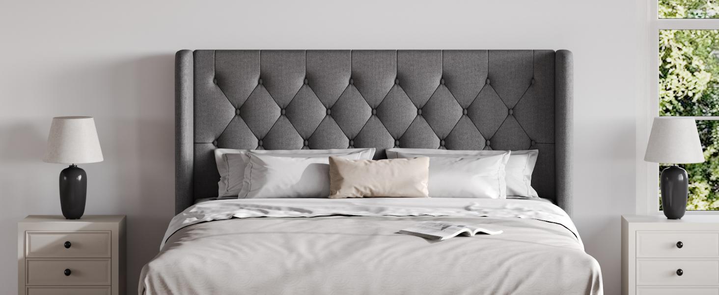 HOOMIC Classic Platform Bed Frame【Frame Only No Mattress】with Button Tufted Wingback Headboard,Upholstered Platform bed with Strong Wooden Slats Support,No Box Spring Needed,Full/Queen/King Size