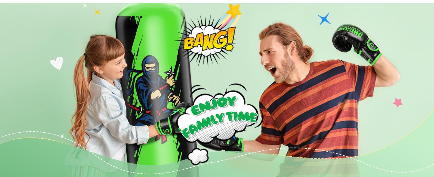 QPAU Premium PVC Kids Punching Bag 66 Inch Stable Inflatable Rebound Boxing Bag with Gloves Stand for Karate Taekwondo MMA Training Exercise Fitness Strength Fun Ages 6-12