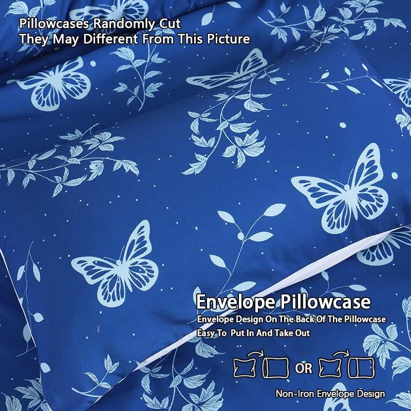 Blue Butterfly Print Bedding Duvet Cover Set, 3-Piece Set includes 1 duvet cover + 2 pillowcases, without inserts.Ultra soft and suitable for all seasons.The bedding is designed with a zipper closure, ideal for bedroom and guest room decoration.