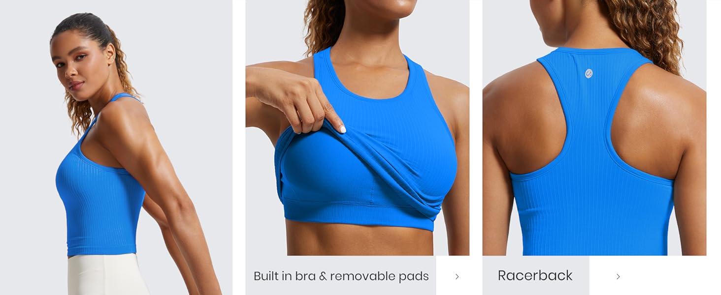 CRZ YOGA Womens Seamless Ribbed Longline High Neck Sports Bra - Racerback Padded Slim Fit Crop Tank Top with Built in Pads