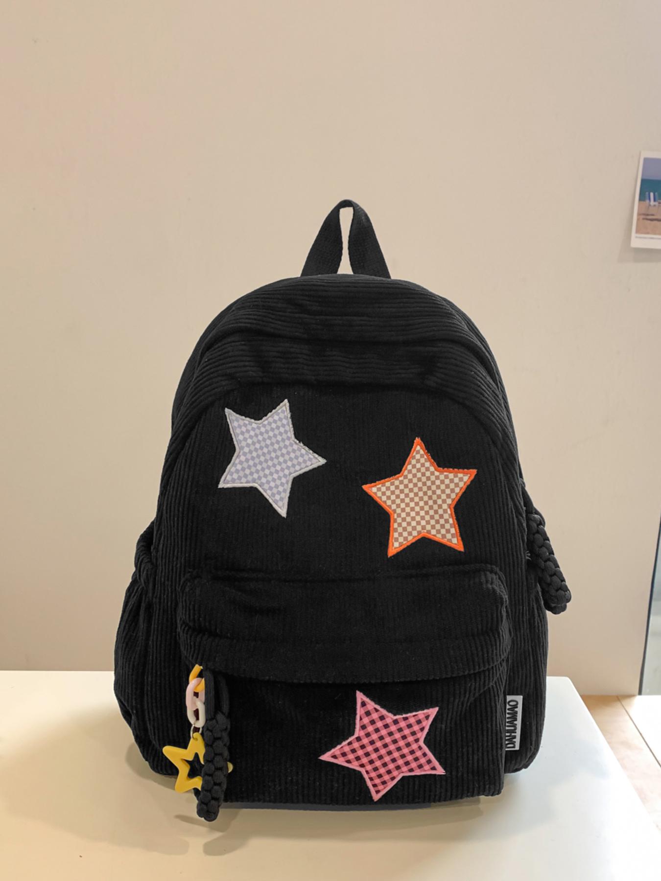 Leisure style fashionable large capacity backpack, practical texture retro niche personality high-quality backpack, chessboard star embroidery, star zipper decoration, essential for daily commuting to school