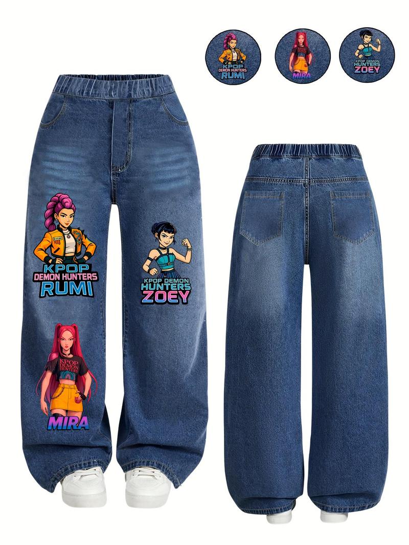 ‘Hunters Girl’ Printed Denim Jeans for Girls, Cute Portrait Graphic Jeans, Trendy Streetwear for Ages 8-12, Perfect for Young Fashionistas